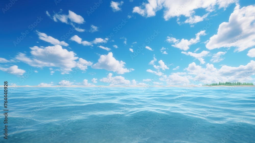 Serene Sky and Sea: A picturesque landscape of blue sky blending with fluffy clouds above calm waters, capturing the beauty of nature on a sunny summer day Serene Sky and Sea: A picturesque landscape of blue sky blending with fluffy clouds above calm waters, capturing the beauty of nature on a sunny summer day