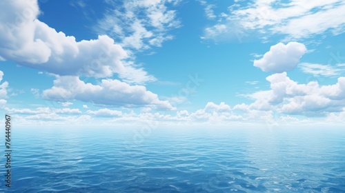 Serene Sky and Sea: A picturesque landscape of blue sky blending with fluffy clouds above calm waters, capturing the beauty of nature on a sunny summer day