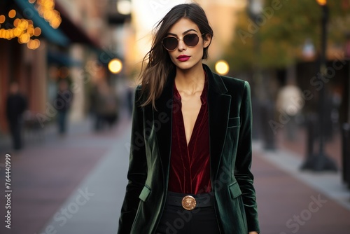 A jewel-toned velvet blazer paired with black skinny jeans for a chic and edgy holiday ensemble. Woman fashion christmas.
