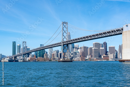 The Oakland Bay Bridge and the downtown San Francisco skyline as viewed from the San Francisco Bay.