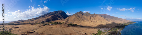 An aerial panorama of the west coast of Maui taken from Olowalu, Hawaii.