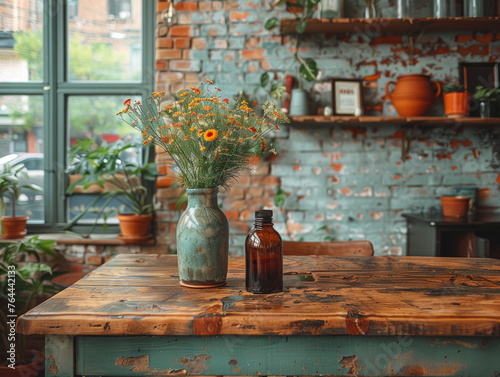 Vintage Vase with Wildflowers on Rustic Table in Brick-Walled Room