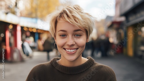 Sure, here is a description for an image: Cheerful blonde model smiles outdoors in autumn