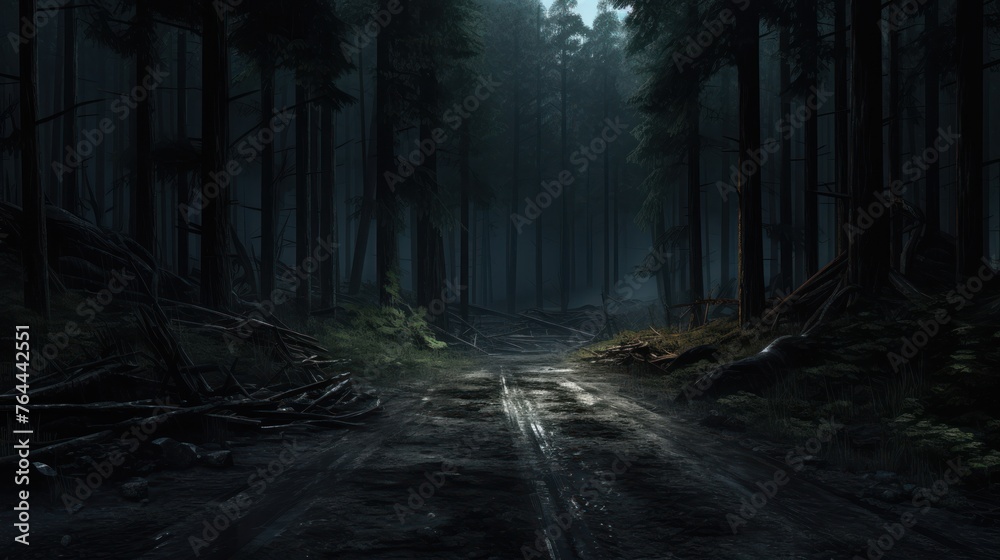Fototapeta premium Road in dark forest ,Forest at night, environment concept,
