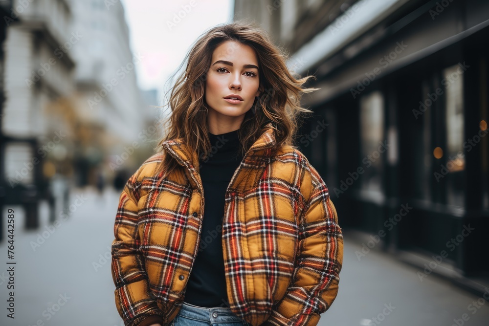 Fototapeta premium A plaid puffer jacket worn over a sweater and jeans for a cozy and on-trend winter look. Woman fashion christmas.
