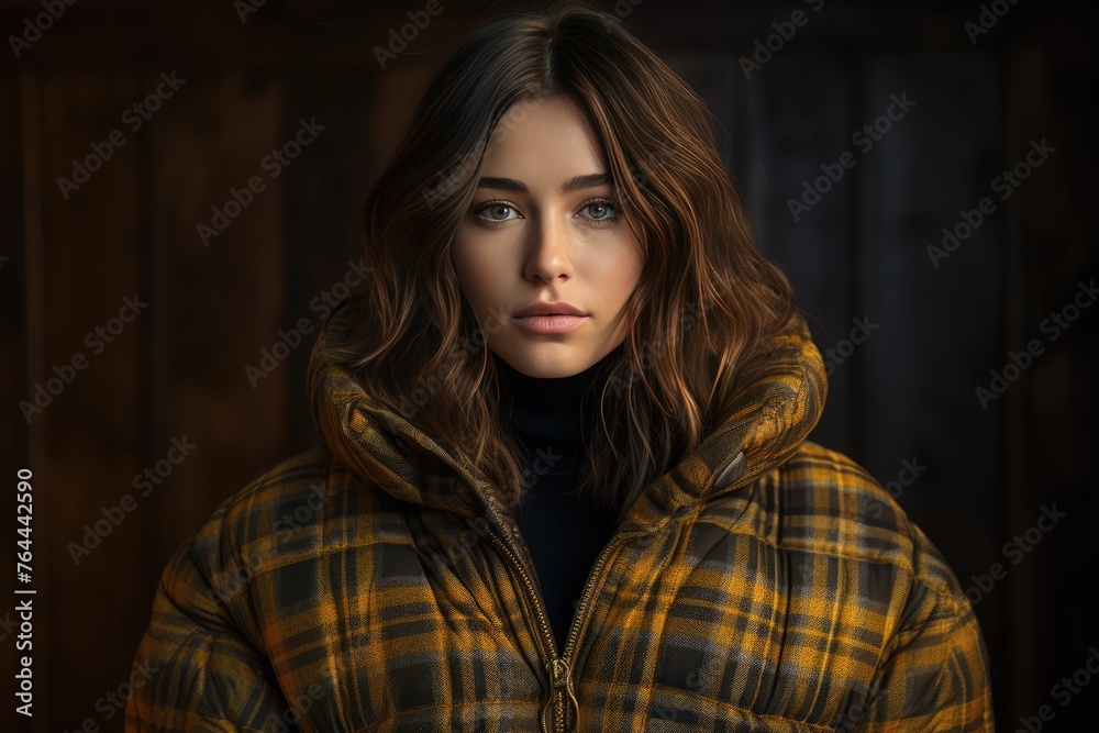 Fototapeta premium A plaid puffer jacket worn over a sweater and jeans for a cozy and on-trend winter look. Woman fashion christmas.