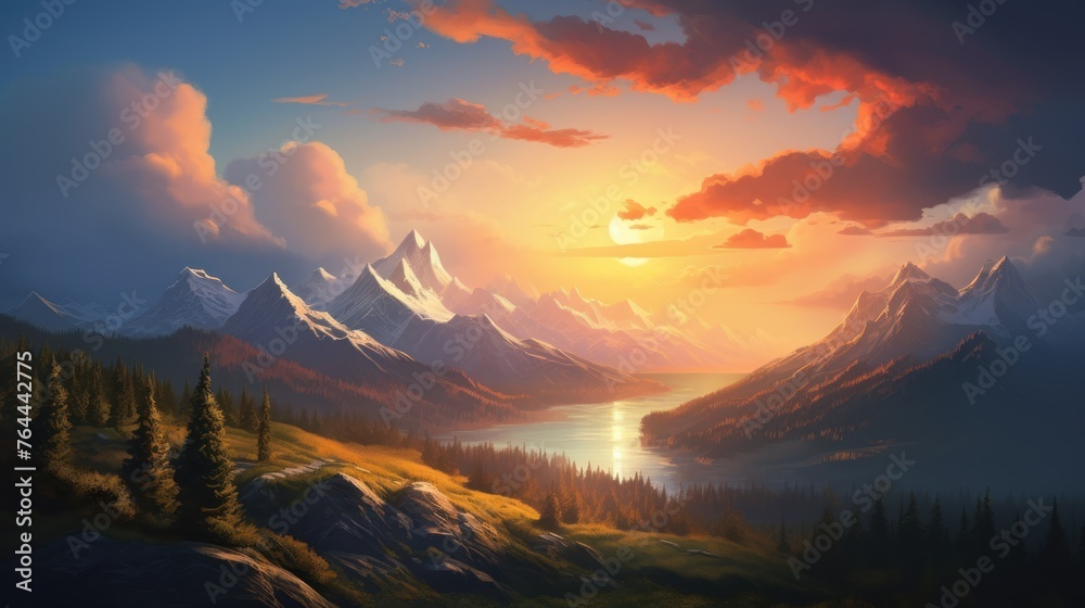 Majestic mountain panorama bathed in the warm glow of a summer sunset