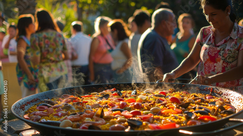 Families gather around a giant paella pan watching in anticipation as a Spanish chef prepares the iconic dish right before their eyes.