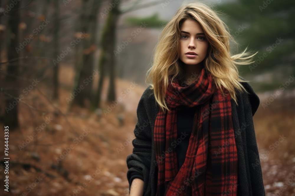 A plaid blanket scarf worn over a sweater dress and tights for a cozy and stylish winter look. Woman fashion christmas. A plaid blanket scarf worn over a sweater dress and tights for a cozy and stylish winter look. Woman fashion christmas.