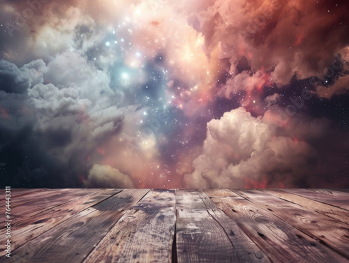 Mystical Cosmic Sky with Wooden Platform Foreground, Display and Copy Space