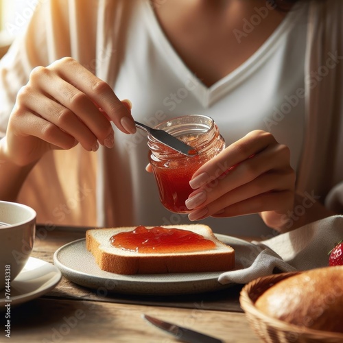 Woman spreads jam on bread at a restaurant breakfast