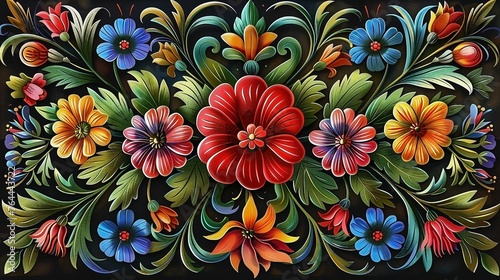 Decorative floral pattern in varigated colors with a central red shaded flower photo
