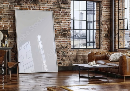 Mockup Frame Set in a Living Room Lot, Industrial Style. Presented in 3D Render. Made with Generative AI Technology