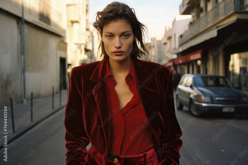 Fototapeta premium A cropped velvet jacket worn over a jumpsuit for a trendy and edgy Christmas ensemble. Woman fashion christmas.