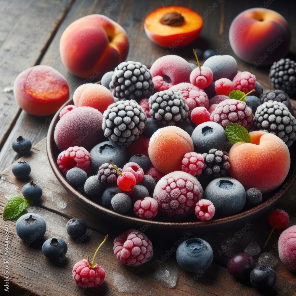 Mixed Frozen Berries and Peach on a Wooden Table with Copy Space Mixed Frozen Berries and Peach on a Wooden Table with Copy Space