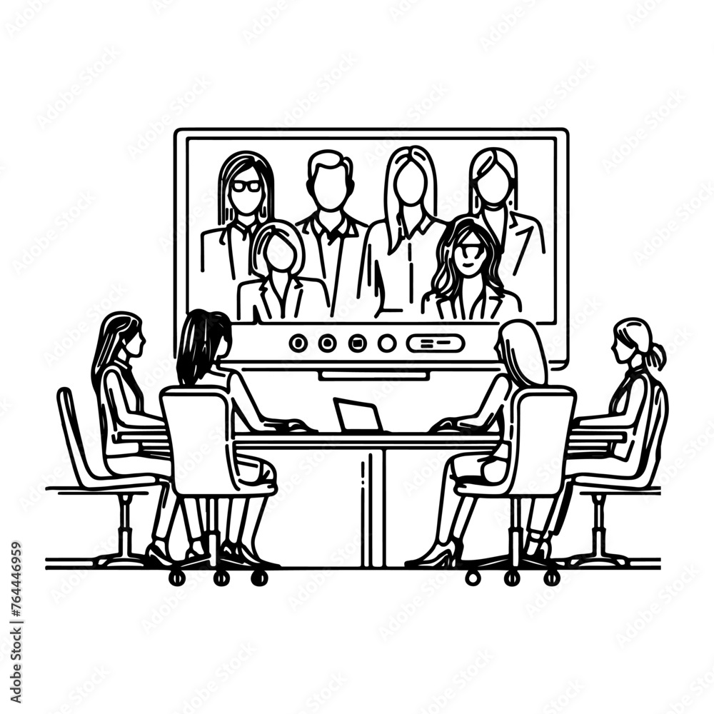 one continues black line drawing business people video conferencing using Laptop working from home sketch outline doodle vector style illustration on white