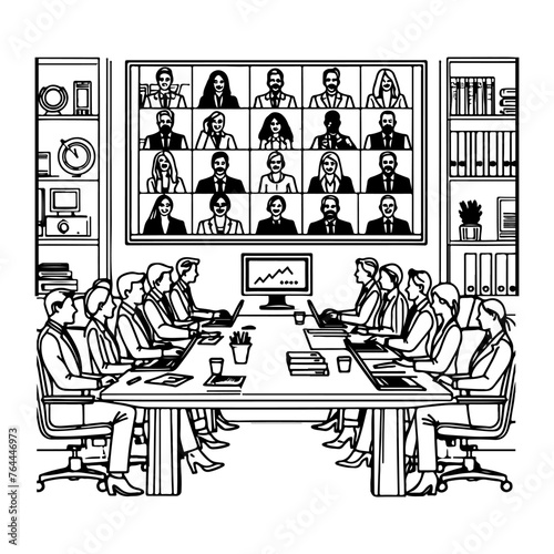 one continues black line drawing business people video conferencing using Laptop working from home sketch outline doodle vector style illustration on white