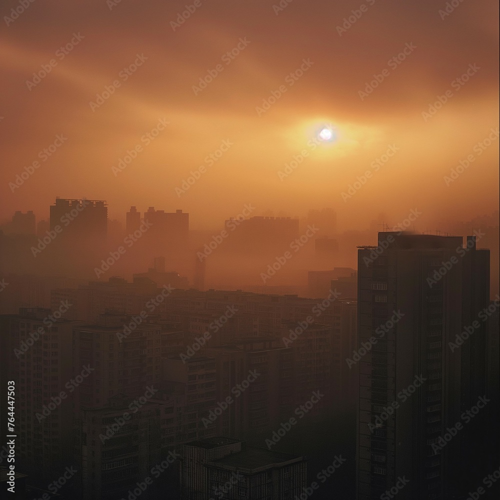 Urban Dawn: Cityscape with Skyscrapers Engulfed in Smog - Environmental Pollution Concept