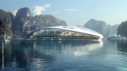 A spectacular floating stadium featuring a transparent roof providing unobstructed views of the sky and surrounding landscape while being anchored in a calm bay.