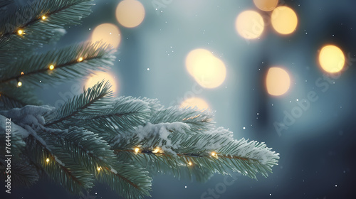 Close-up of Christmas pine branches under backlight