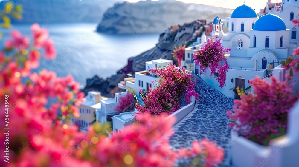Santorini streets with windows and houses and flowers with tilt-shift miniature effect - obrazy, fototapety, plakaty 