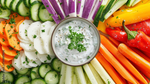 A colorful array of seasonal vegetables carefully sliced and arranged on a platter with a side of creamy herb dip.