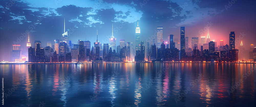 Fototapeta premium A city skyline is reflected in the water