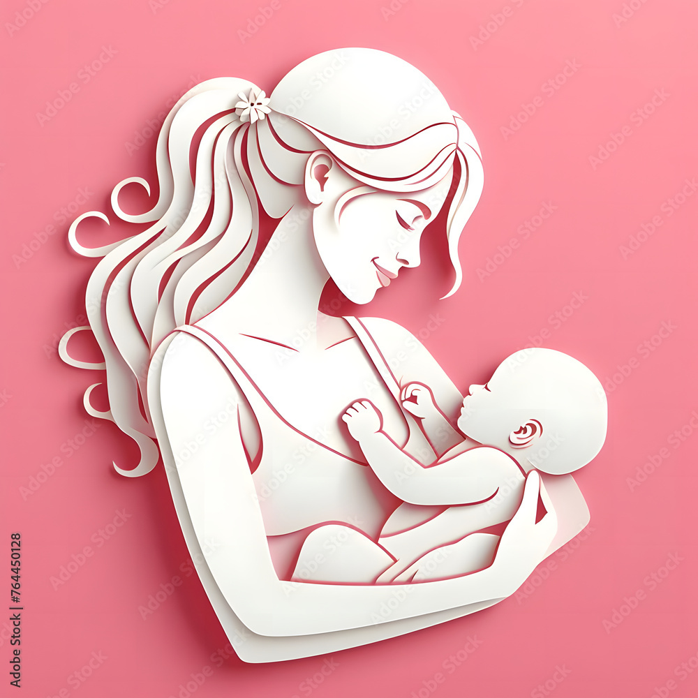 Mother with baby, paper cut illustration, isolated on pink background, Mother's Day, Mother Love Child
