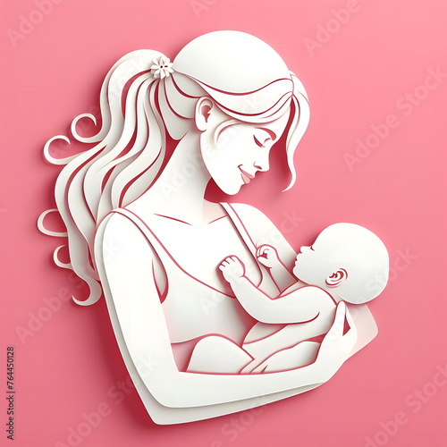Mother with baby  paper cut illustration  isolated on pink background  Mother s Day  Mother Love Child 