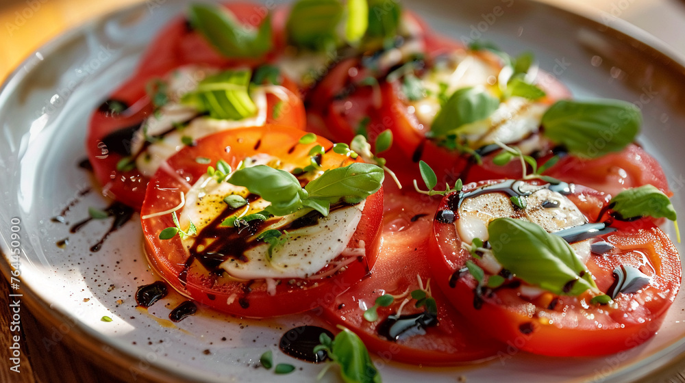 A side-angle view of a Caprese Salad on a white ceramic plate with the window light enhancing the juiciness of the tomatoes and the creamy texture of the mozzarella - obrazy, fototapety, plakaty 