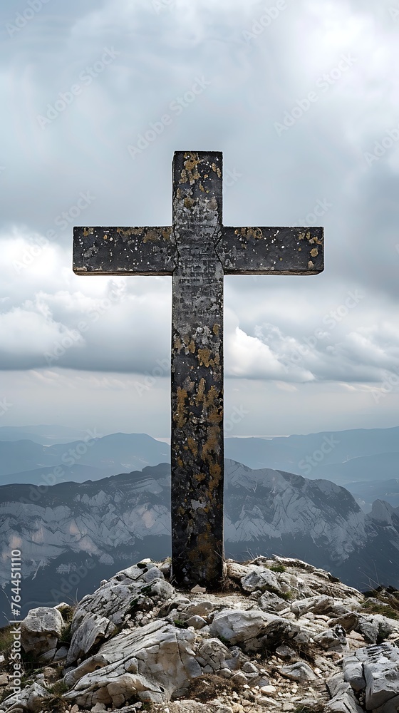 Mountain peak with cross silhouette Mountain peak with cross silhouette