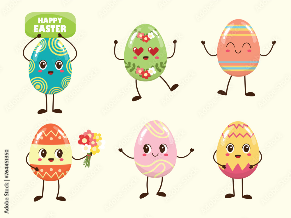 Collection of cute Easter characters. Easter eggs with funny facial expressions. Vector illustration. Set of egg mascots. Happy Easter.