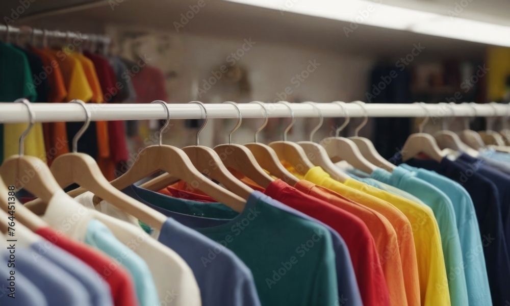 Clothing fashion background - Colorful t shirts on hangers and clothes rail in a store Clothing fashion background - Colorful t shirts on hangers and clothes rail in a store