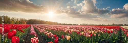 Flowers landscape of blooming colorful tulips field in spring, - Flower background banner panorama