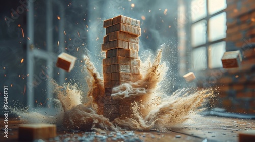 A game of Jenga reaching its tipping point with one small move causing the entire structure of blocks to collapse representing the delicate balance of actions and consequences. photo