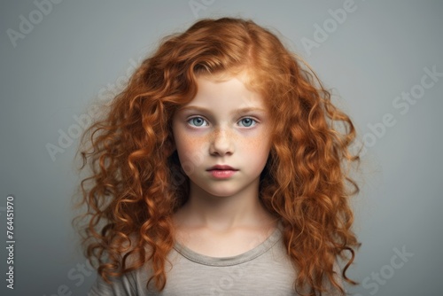 Portrait of a red-haired girl with long curly hair.