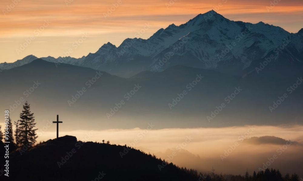 black silhouette of mountains alps, hills, forest and cross / summit cross, in the evening during the sunset, with orange colored sky black silhouette of mountains alps, hills, forest and cross / summit cross, in the evening during the sunset, with orange colored sky