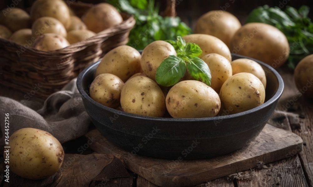 Potatoes and vegetables on a wooden table. Food harvest background. Potatoes and vegetables on a wooden table. Food harvest background.