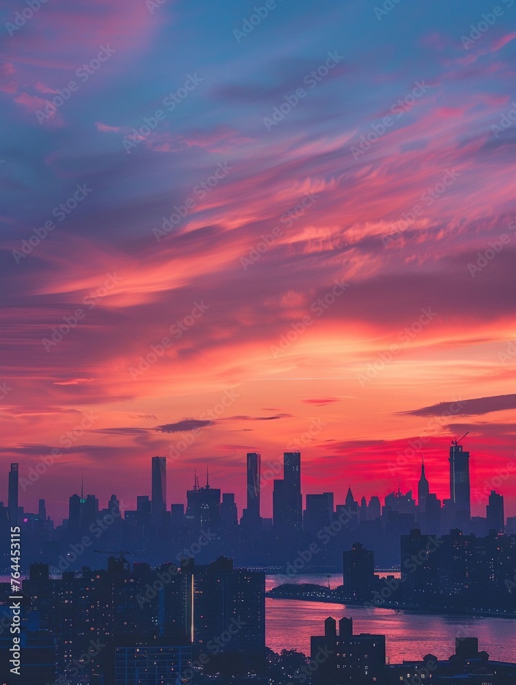 Capture the vibrant hues of a sunset over a modern city skyline in a simple composition