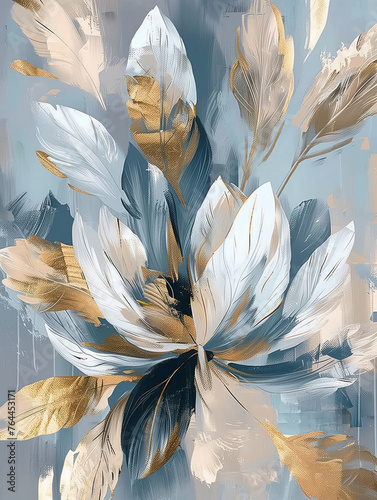 Canvas poster with grey-gold flower petals on grey-blue background in wallpaper style