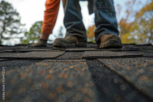 A close-up image of a home repair, focusing on a roofer installing shingles on a roof.