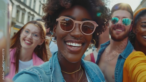 Close-up shows a diverse group of pals smiling and snapping selfies on the street. A cheerful interracial group of young hipsters poses for a picture outside and looks at the camera.  laughter day photo