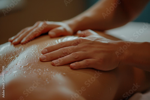 A close-up image of a masseuse's hands skillfully applying pressure to a client's back.
