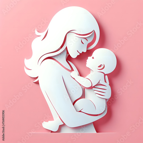 Mother with baby, paper cut illustration, isolated on pink background, Mother's Day, Mother Love Child
