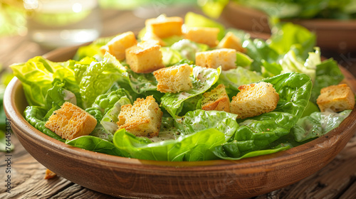 Close-up of a freshly prepared Caesar Salad on a rustic wooden table near a sunlit window