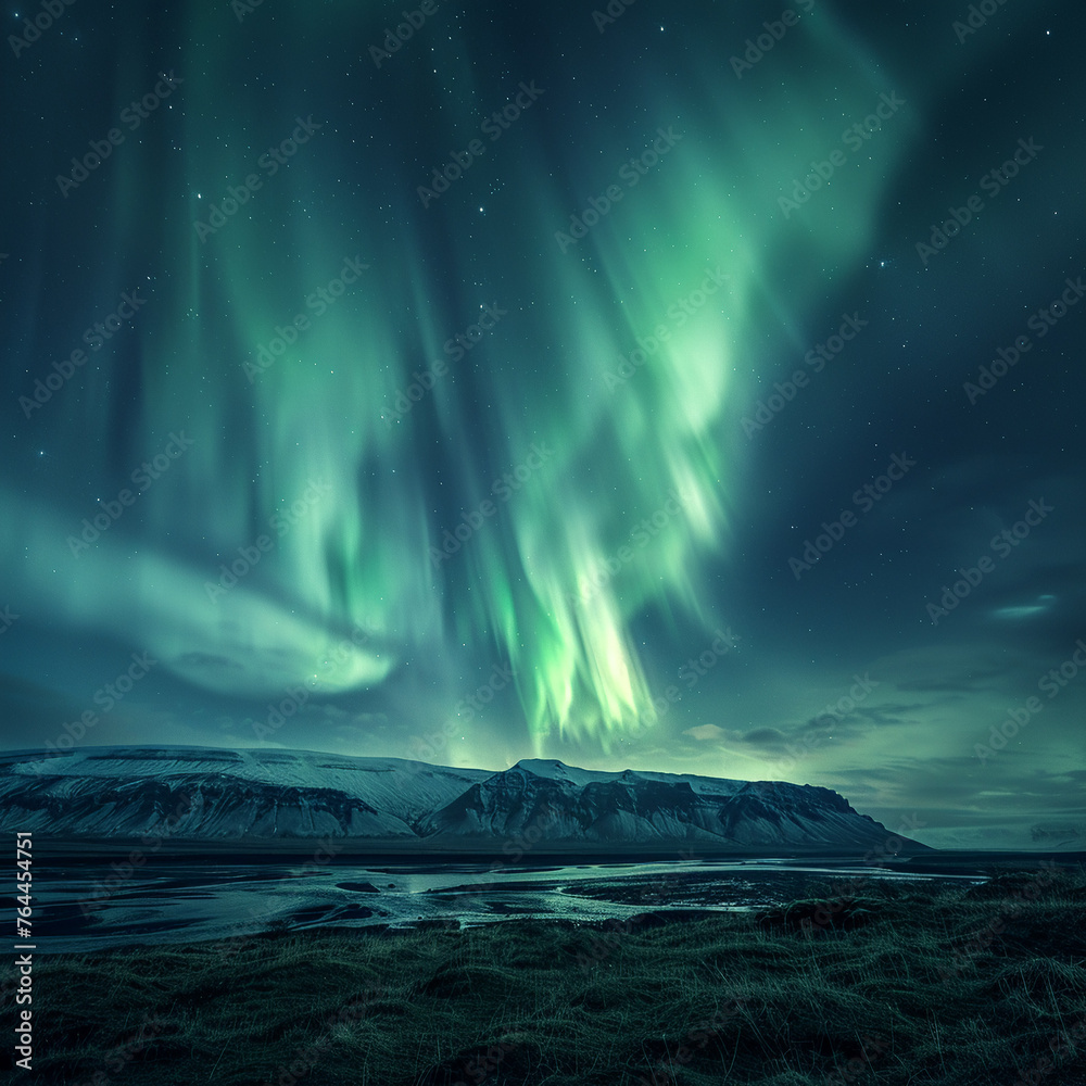 The Northern Lights over an Icelandic landscape rendered with a focus on the ethereal green lights