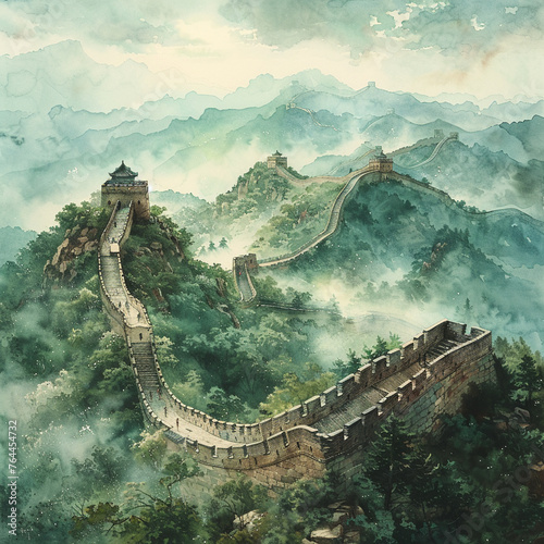 The Great Wall of China stretching across a misty landscape