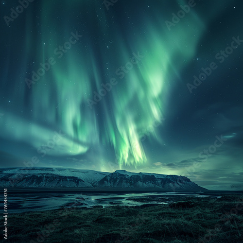 The Northern Lights over an Icelandic landscape rendered with a focus on the ethereal green lights