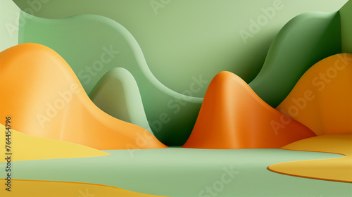 3D rendered green and orange curved shapes on a simple background with smooth curves and rounded edges in the playful design style of colorful landscapes with playful lines in a closeup view