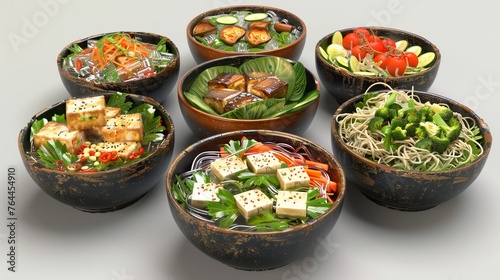 Savory Asian Cuisine Vibrant Glass Noodle Salad in Elegant Ceramic Bowls